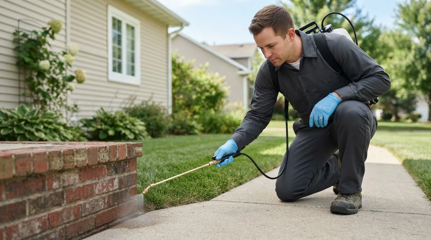 Pest control technician treating a home near Aurora, KS