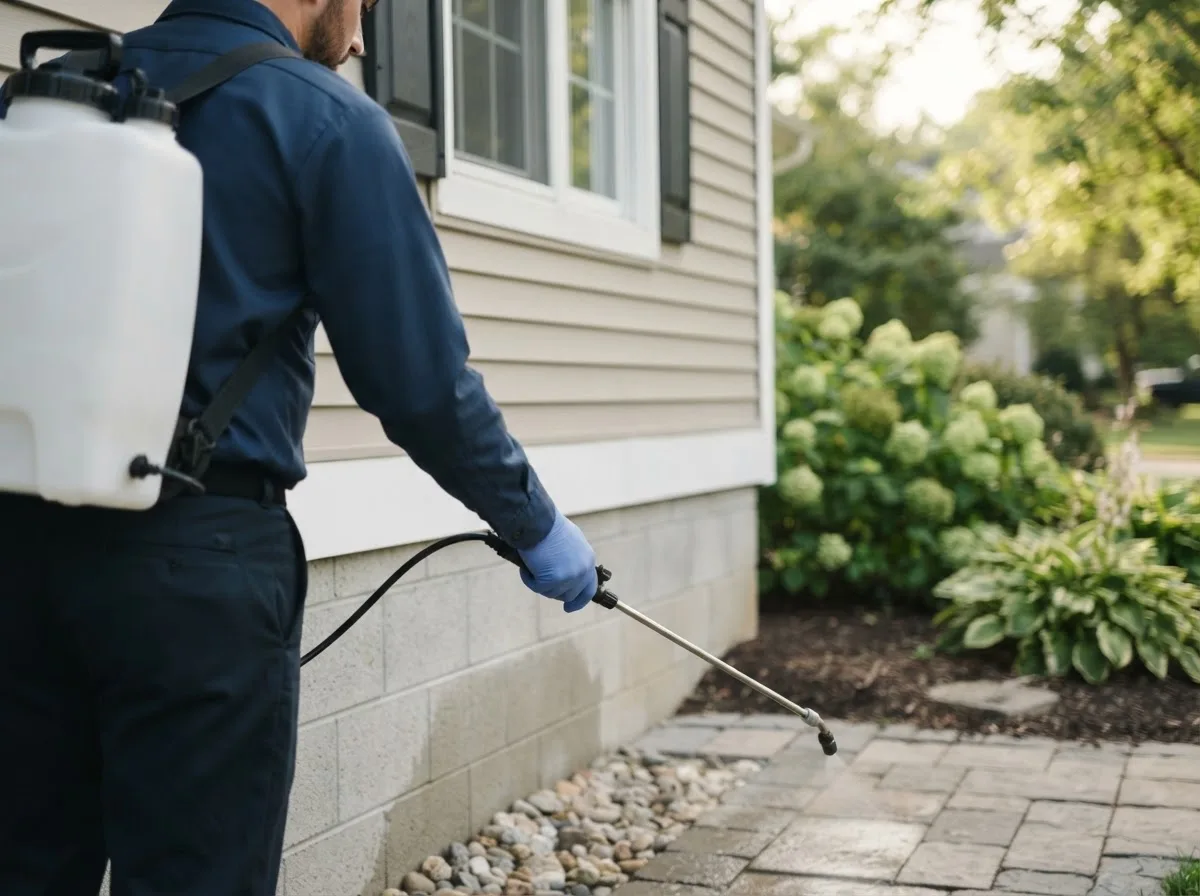 Pest control technician inspecting a home in Aurora, KS